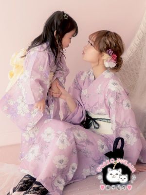 [浴衣] 親子でお揃い ピンク地に線画フラワ...