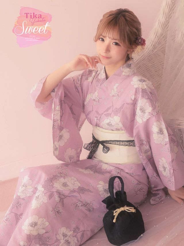 浴衣 選べる帯] ピンク 水彩 ニュアンスフラワー 2025 SWEET