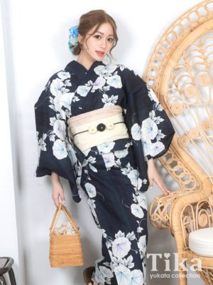 [浴衣 選べる帯] レトロ 紺地に華やか朝顔...