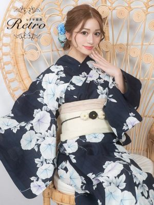 [SALE] [浴衣 選べる帯] レトロ 紺地に華やか朝顔 3点セット (ゆかた・平帯or作り帯・下駄)