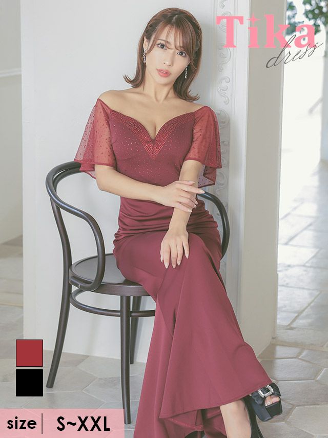 Sサイズ状態フレア キャバ ドレス 赤 オフショル