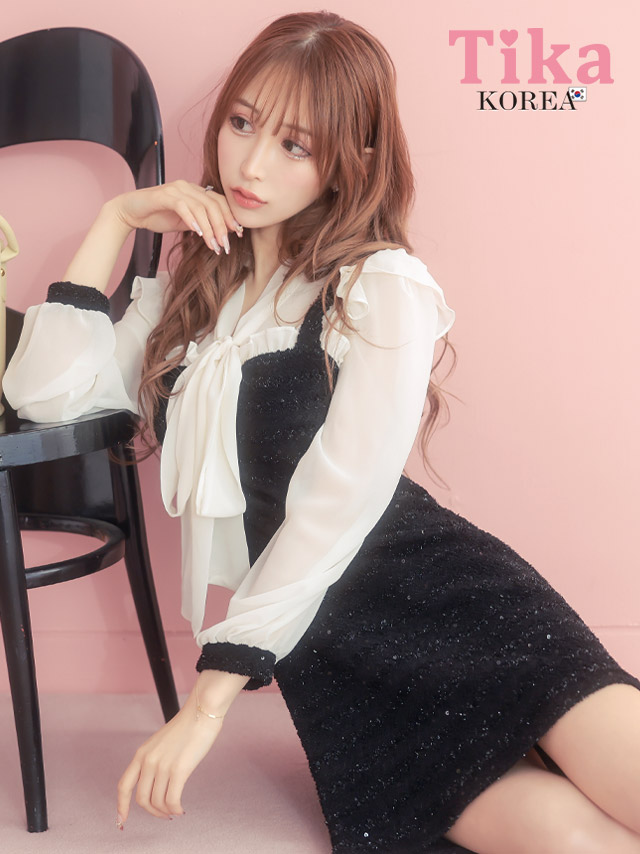 キャバドレス 韓国 ミニ丈 キャバクラ ワンピース Tika ティカ ボウタイ長袖フリルシフォン切り替えタイトミニドレス