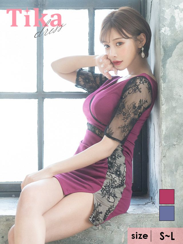 キャバドレス ミニ丈 五部袖 大きいサイズ キャバクラ クラブ Tika ティカ ブラックレースシアー切り替え袖ありスリットタイトミニドレス