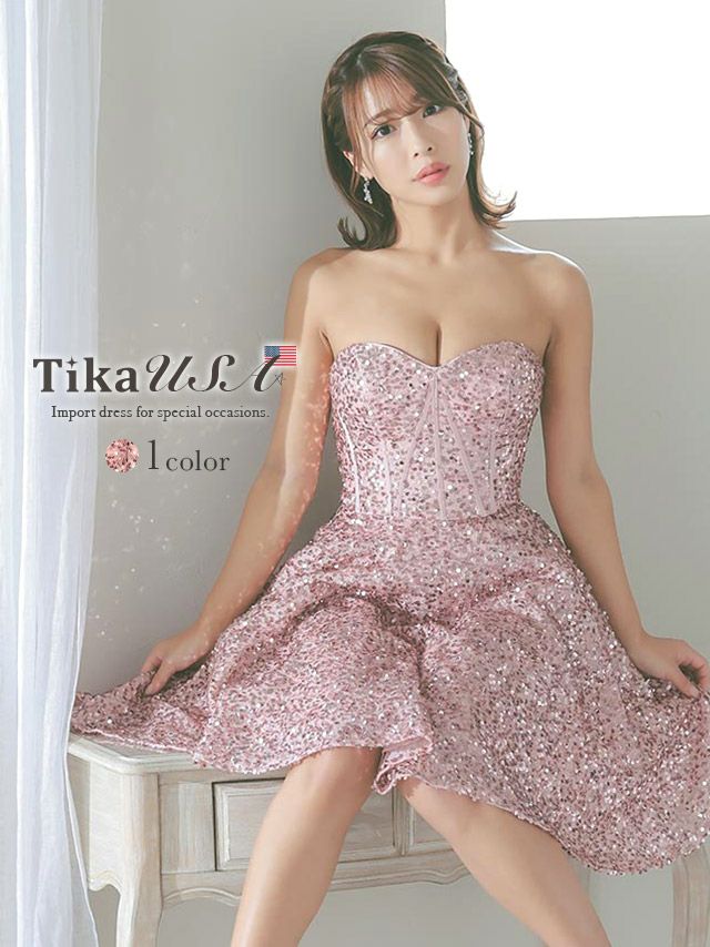 LA直輸入 キラキラスパンコールベアフレアミニバースデードレス (XSサイズ～Mサイズ) (橋本梨菜 キャバドレス着用)