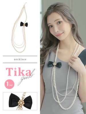 リボンビジュー付きパールロング3連ネックレス