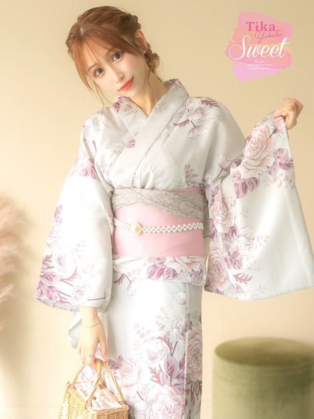 浴衣 レディース セット 帯 作り帯 下駄 レトロ 古典 薔薇 Tika ティカ くすみグレーにクラシカルローズゆかた3点セット