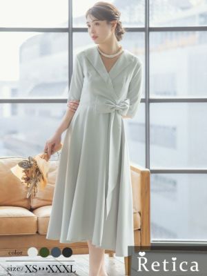 襟付きVネックデザイン5部袖リボンウエストマーク膝下結婚式パーティードレス [Retica/レティカ]