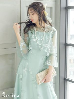 フリルフラワー刺繍ロングスカートシアー7部袖ベルスリーブ結婚式パーティードレス [Retica/レティカ]