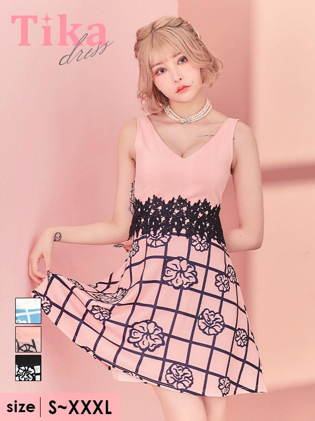キャバドレス ミニ丈 Aライン 大きいサイズ キャバクラ ワンピース Tika ティカ ノースリーブウエスト刺繍切り替え格子柄フラワープリントフレアミニドレス