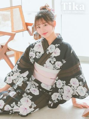 [浴衣 選べる帯] レトロ 黒地 マルチスト...