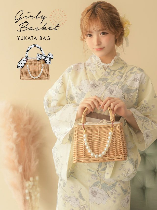 バッグ ミニ 籠バッグ ハンドバッグ 浴衣用 Tika ティカ ドットスカーフ×パールチャーム付きスクエアミニかごバッグ