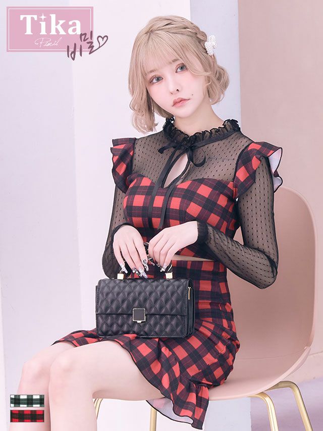 キャバドレス ミニ丈 韓国 袖あり 大きいサイズ Tika ティカ 長袖シアーネックリボン切り替えガーリーチェック柄ウエストカットアウト裾フリルタイトミニドレス