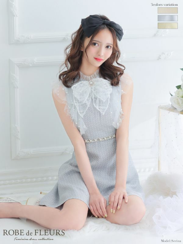 ROBEdeFLEURS ローブドフルール 高級パール付きチュールフリルネックリボンツイードノースリーブフレアミニドレス