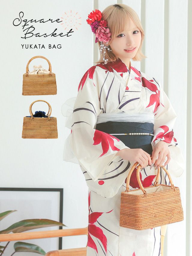 籠バッグ ハンドバッグ 浴衣用 小さめ ミニバッグ 和装 Tika ティカ 巾着付きナチュラルスクエアミニかごバッグ