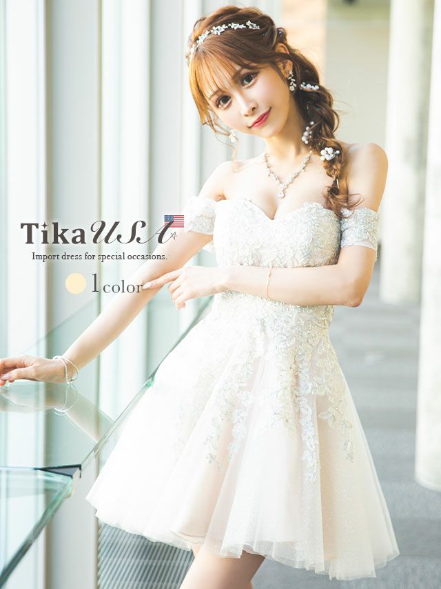 LA直輸入 ビジューフラワー刺繍ラメチュールオフショルダーフレアミニドレス (XSサイズ～Lサイズ) (浦西ひかる キャバドレス着用)