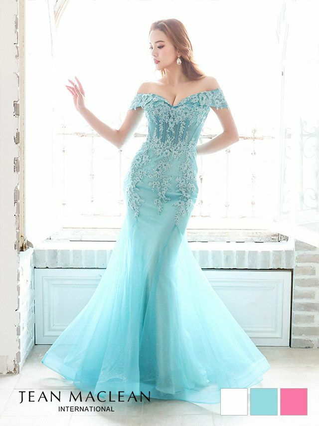 JEANMACLEAN ジャンマクレーン 高級フラワー刺繍コルセット風デザインチュールマーメイドオフショルダータイトロングバースデードレス