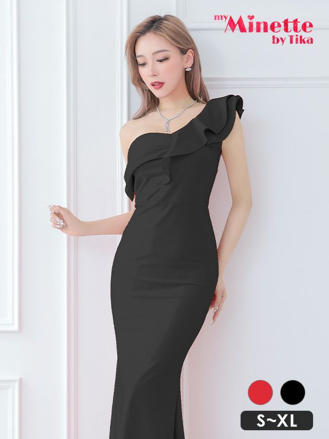 ワンショルダーフリルシンプルタイトロングドレス