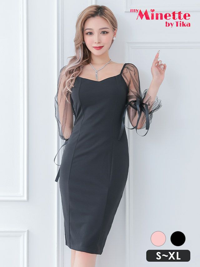 袖ありブラックリボンシアー切替膝丈タイトプチプラドレス