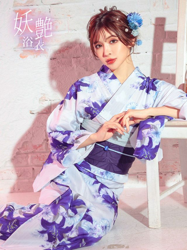 浴衣 レディース セット 作り帯 下駄 古典 ゆり レトロ Tika ティカ 白地×水墨百合の花 ゆかた3点セット