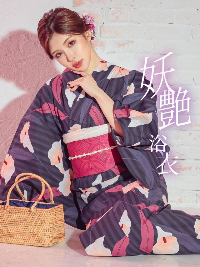 浴衣 レディース セット 作り帯 下駄 古典 レトロ ストライプ Tika ティカ 縞に菖蒲の花 ゆかた3点セット