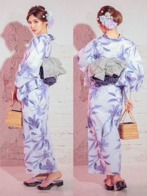 Tika 妖艶 白地×水彩紫の百合の花 SALE [浴衣] 妖艶 白地×水彩紫の百合の花 3点セット (ゆかた