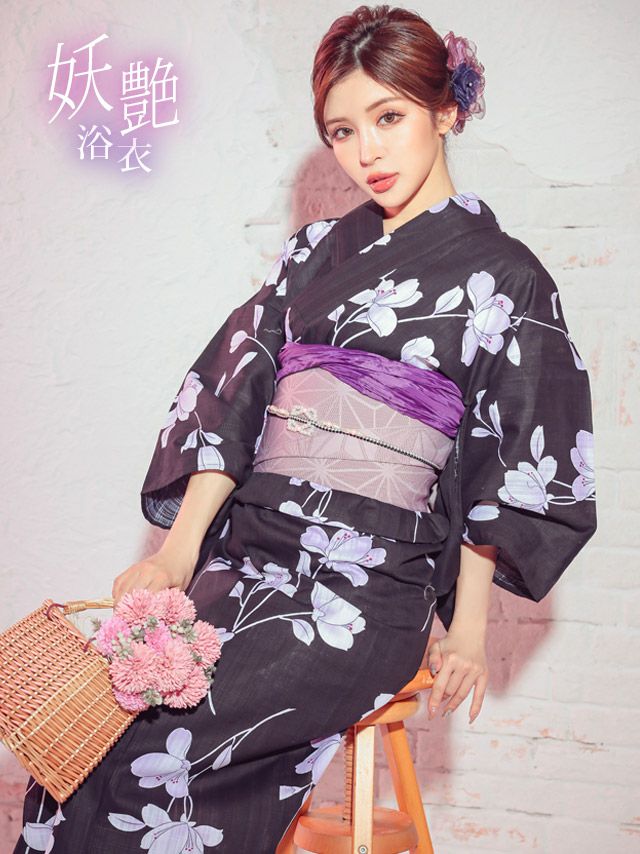 浴衣 レディース セット 作り帯 下駄 古典 あやめ レトロ Tika ティカ 黒地×紫菖蒲 ゆかた3点セット