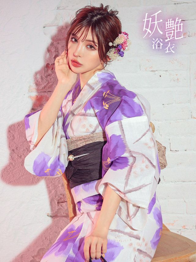 浴衣 レディース セット 帯 下駄 古典 レトロ Tika ティカ クリーム地×水墨パープルフラワー ゆかた3点セット