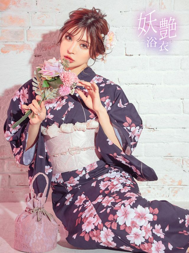 浴衣 レディース セット 作り帯 下駄 帯 サクラ 古典 Tika ティカ 濃紺×ピンク桜 ゆかた3点セット