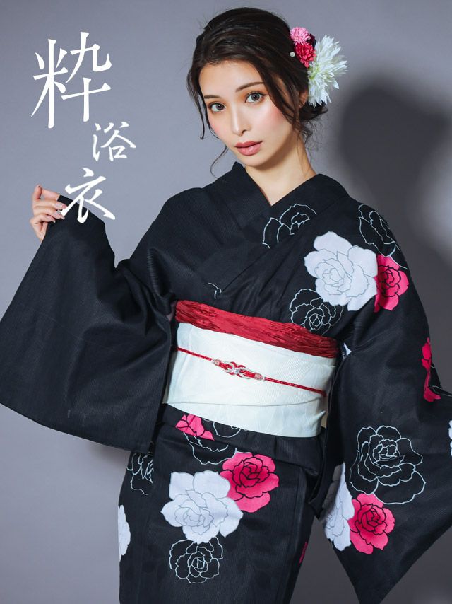 浴衣 レディース セット 作り帯 下駄 古典 レトロ Tika ティカ 黒地に片身変わりローズゆかた3点セット
