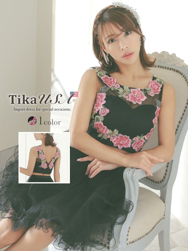 キャバドレス ミニ丈 バースデー イベント インポート 大きいサイズ Tika ティカ ノースリーブフラワー刺繍トップス×シフォンボリュームフレアミニドレス