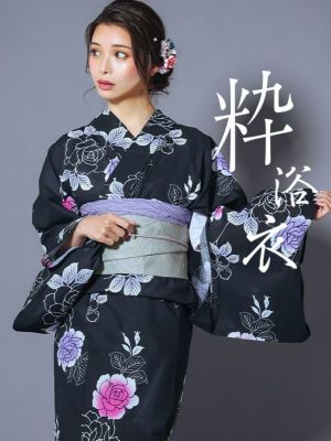 [浴衣 選べる帯] 粋 黒地にピンクパープル...
