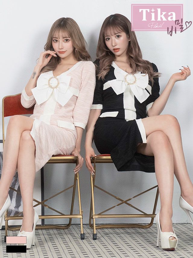 キャバドレス ミディアム丈 韓国 五部袖 Tika ティカ 袖ありVネックリボンバイカラーフロントスリット膝丈ドレス