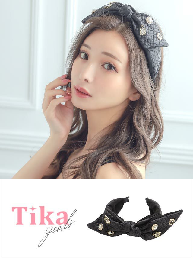 ヘアーアクセサリー ヘアアクセ 太め ヘッドアクセ ヘアアレンジ Tika ティカ キルティングキラキラビジューパール付きリボンカチューシャヘアアクセサリー