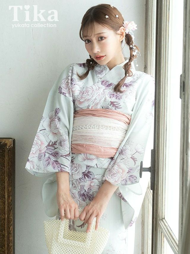 浴衣 レディース 下駄 兵児帯 高級 Tika ティカ パールグレーにクラシカルなニュアンスフラワー 高級ゆかた3点セット