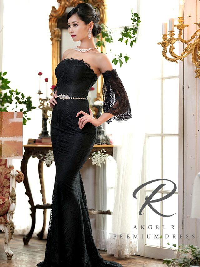 [Angel-R/エンジェルアール] 高級オフショルダーウエストビジュー裾レース切替レース袖マーメイドタイトロングドレス