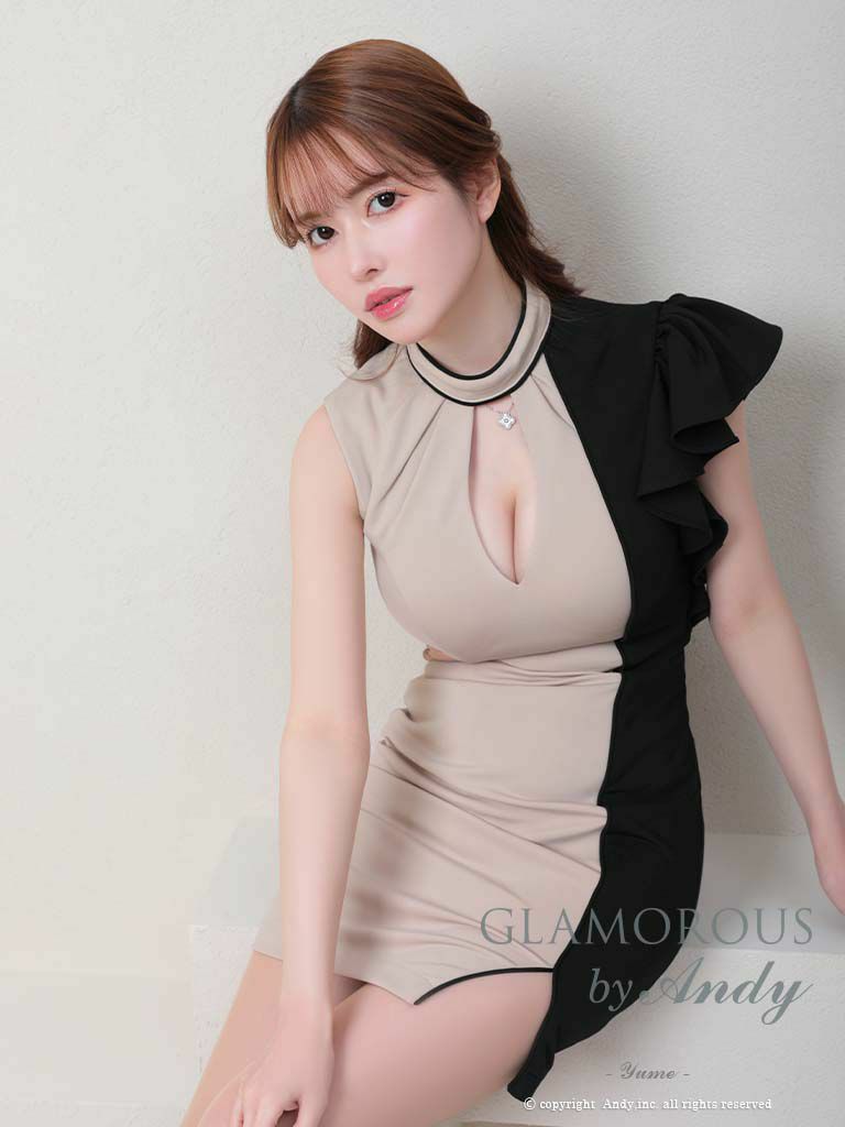 AndyGLAMOROUS アンディグラマラス 高級バイカラーバストカットアウトウエストヌーディーシアーアシメフリルノースリーブタイトミニドレス