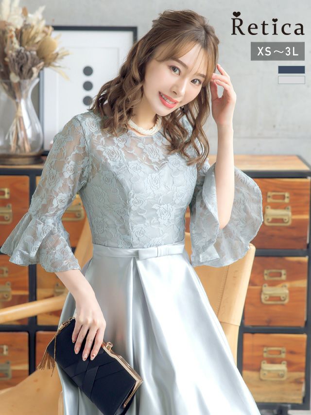 フラワーレースウエストリボン切替サテンスカートミモレ丈ベルスリーブ結婚式パーティードレス