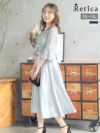 フラワーレースウエストリボン切替サテンスカートミモレ丈ベルスリーブ結婚式パーティードレス