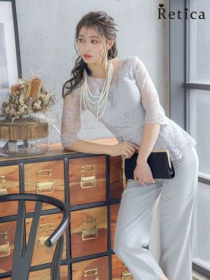 5部袖レースウエストペプラムパンツ結婚式パー...
