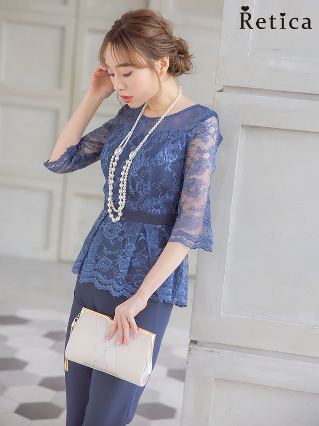 デコルテシアー刺繍レースペプラムパンツハーフスリーブ結婚式パーティードレス