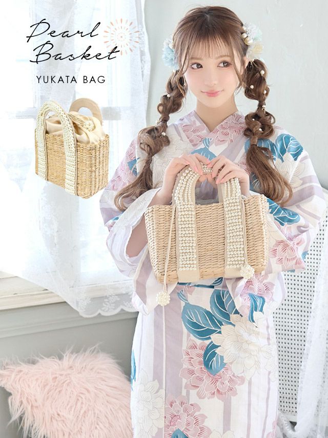 浴衣バッグ] パールハンドルスクエア2Wayかごバッグ