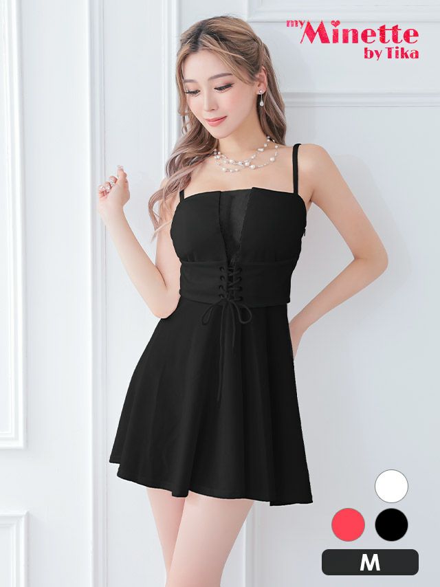 バストカットシースルーレースアップ切替キャミソールフレアドレス