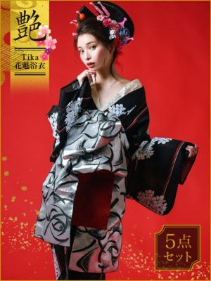[花魁浴衣] 2way 黒地×縞モノトーン桜...