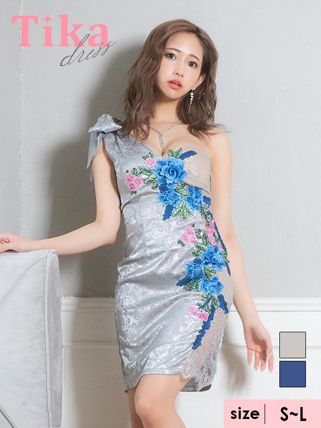 キャバドレス ミニ丈 大きいサイズ キャバクラ クラブ Tika ティカ ワンショルダーリボンフラワー刺繍レースサテンジャガードタイトミニドレス