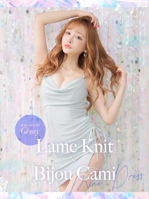 ROBEdeFLEURSGlossy ローブドフルールグロッシー 高級ラメニットビジューストレッチワンカラーサイドシアーレースアップキャミソールタイトミニドレス