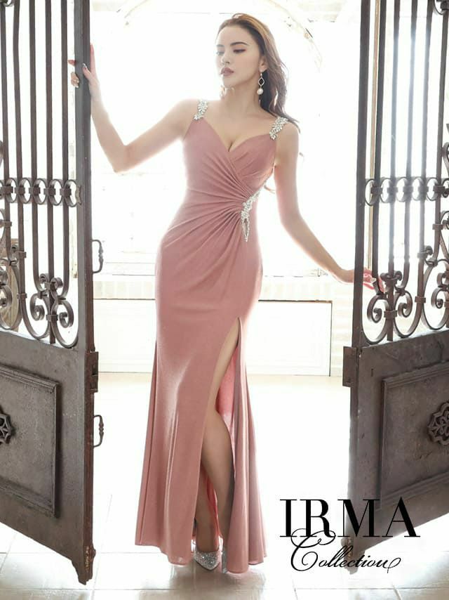 IRMA イルマ 高級ギャザーウエストシアーカットビジューロングスリットノースリーブタイトロングドレス