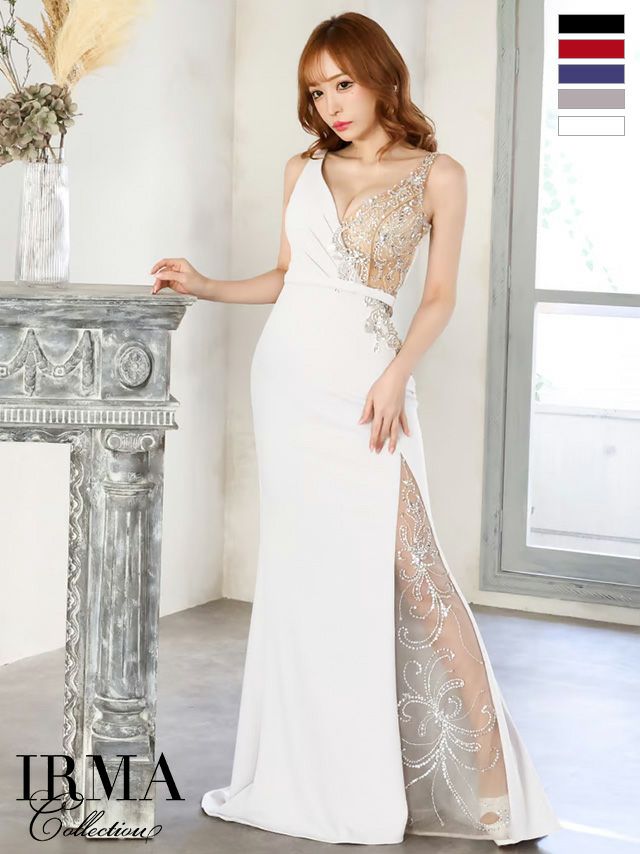 キャバドレス ロングドレス [IRMA/イルマ] 高級ノースリーブシアービジュースリットレース刺繍シアーアシンメトリータイトロングドレス