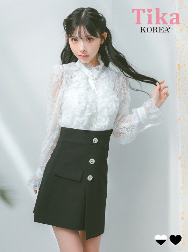 キャバドレス ミニ丈 韓国 キャバドレス Tika ティカ カップ付きキャミソールスタンドネックフリルレース長袖ブラウス×スカートパンツセットアップドレス