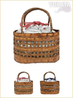 [浴衣小物] 巾着付き楕円型竹かごバッグ