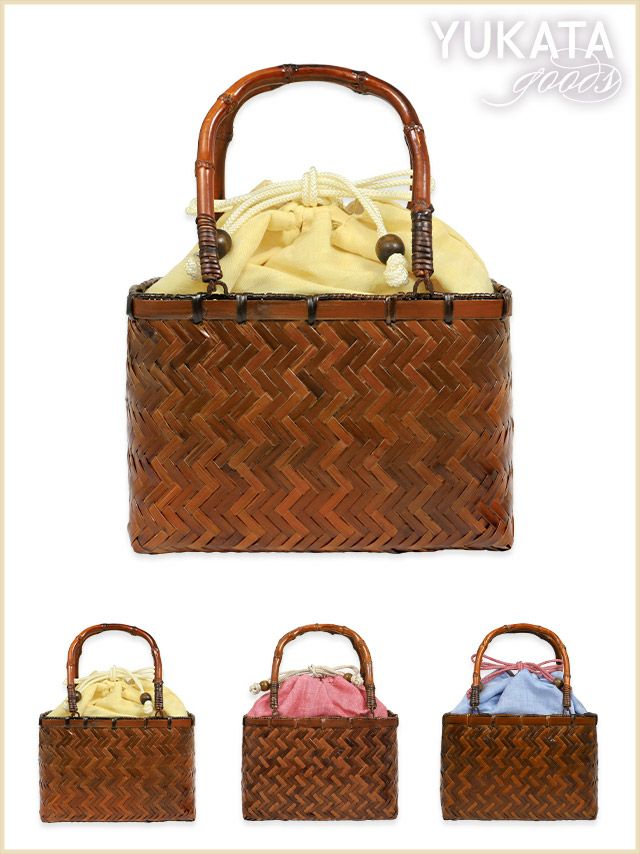 かごバッグ 浴衣バッグ 鞄 和装 浴衣小物  祭り Tika ティカ 無地巾着付きスクエア竹かごバッグ